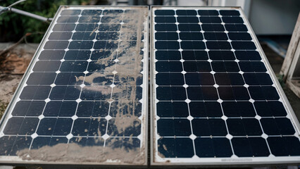 Comparison of a clean solar panel next to a dirty solar panel covered in sand and dust on a rooftop