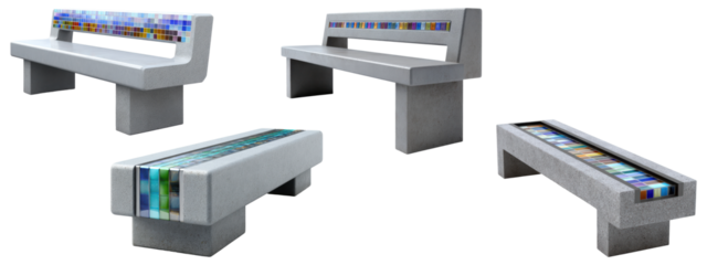 Set of four modern concrete benches with colorful pixelated glass tile inlays