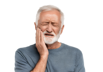  Elderly man with a toothache, holding his face in pain, isolated on a white background