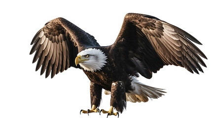 Obraz premium Majestic bald eagle soars with open wings, showcasing freedom, power, and the beauty of American wildlife against a black background.
