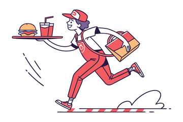 Speedy Food Delivery: An illustrated food courier sprints to deliver fresh burger, fries and drink with a food bag, epitomizing the convenience and promptness of modern food services.