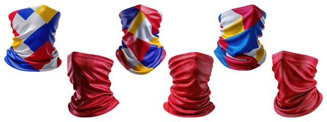 Collection of six colorful neck gaiters with geometric patterns and solid red designs