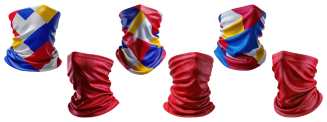 Collection of six colorful neck gaiters with geometric patterns and solid red designs