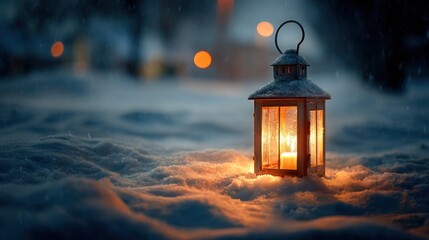 Snowy night, warm lantern glow