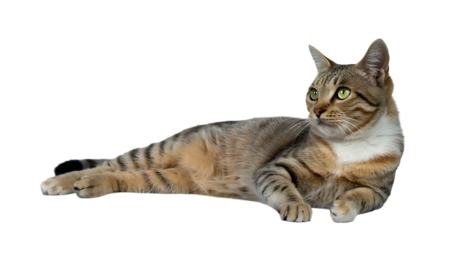 A tabby cat rests gracefully against a stark black background, its elegant pose capturing its calm and relaxed demeanor, a feline portrait.