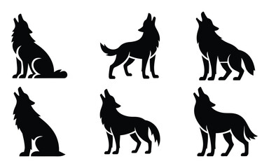 Set of Diverse Howling Wolf Silhouette Icons Vector Illustration - Modern Wildlife and Nature Collection for Animal, Forest, and Wilderness Design Elements