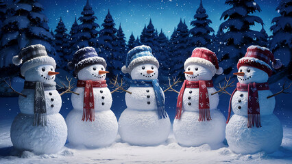 Obraz premium Five cheerful snowmen wearing colorful hats and scarves stand in a snowy forest at night with falling snowflakes