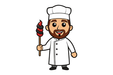 Chef with Churro: A cheerful cartoon chef proudly presents a delicious churro, a delightful treat.