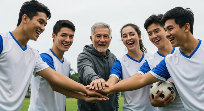 Diverse soccer team and coach unite hands in a show of team spirit and camaraderie