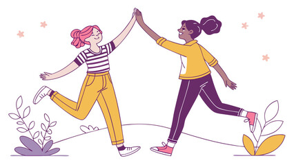 Two friends high fiving vector illustration celebrating success teamwork and friendship flat design style art 100