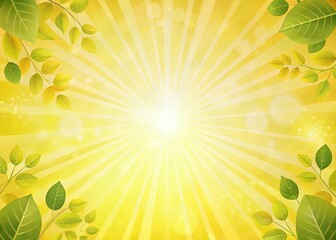 Obraz premium Vibrant green leaves frame a bright yellow sunburst with subtle bokeh and light rays