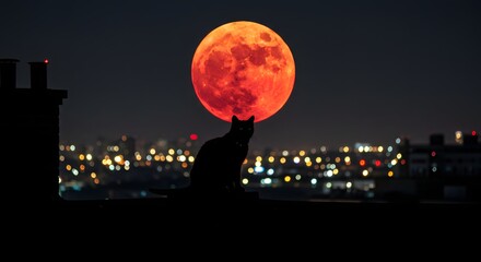 Silhouette of a Cat on a Rooftop Under a Blood Moon Over a City