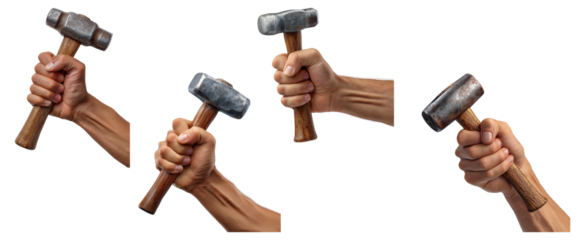 Set of four hands holding heavy sledgehammers in various grips