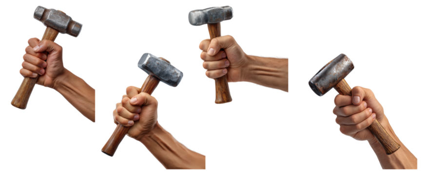 Set of four hands holding heavy sledgehammers in various grips