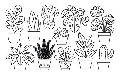 Set of Diverse Potted Plants Outline Icons Vector Illustration - Minimalist Hand-Drawn Houseplant Symbols Collection for Home, Garden, Decor, and Botanical Design Elements