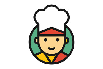 Happy Chef Icon: A cheerful cartoon chef icon, wearing a toque and chef's uniform, smiles broadly, perfect for restaurant menus, cooking blogs, or food-related designs.