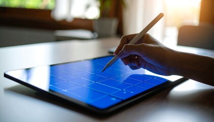 Naklejka premium Hand using stylus on tablet, indoor scene
