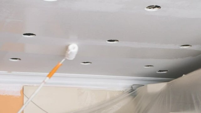 A paint roller applies white paint to a ceiling during renovation