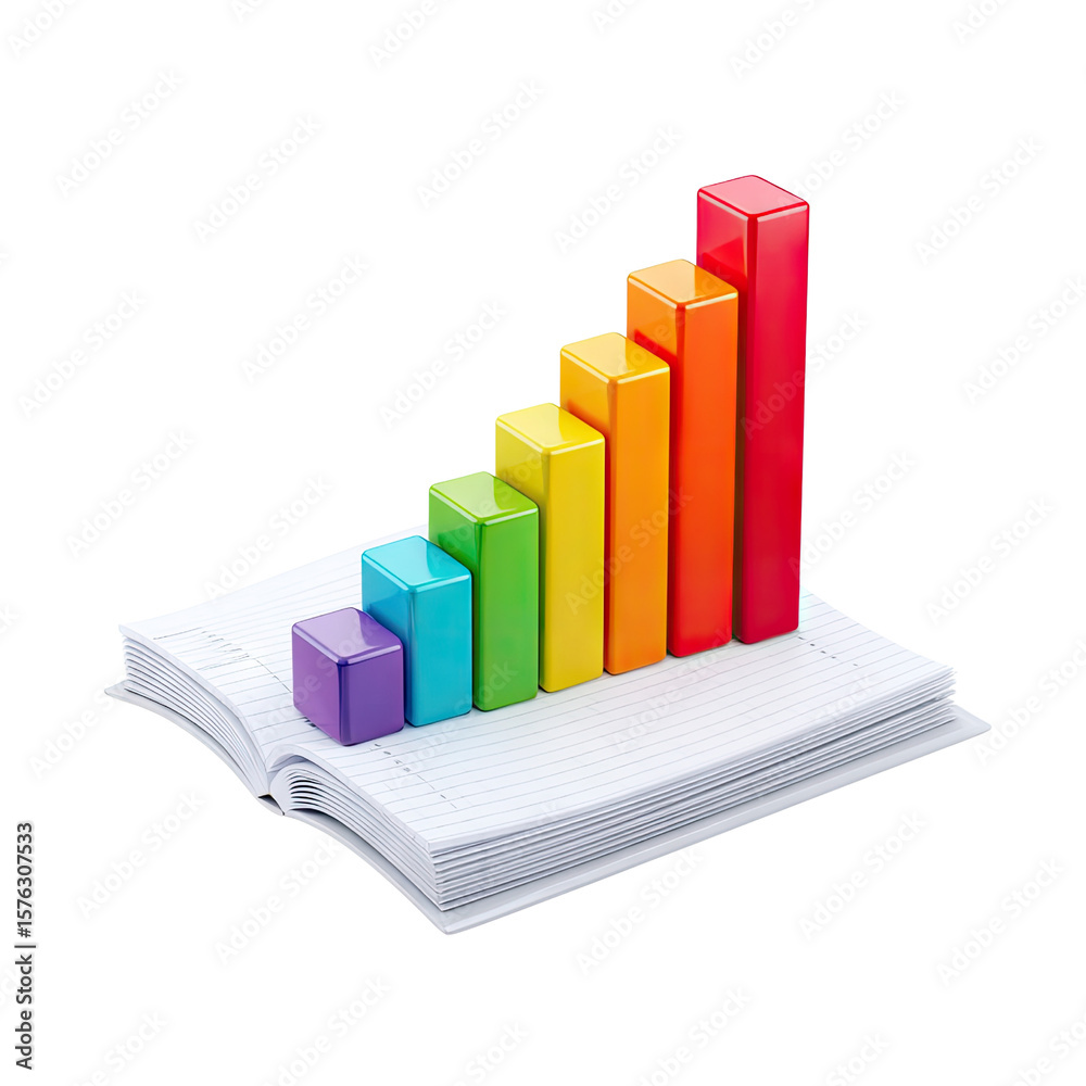 Poster colorful chart rising from open notebook representing growth and progress in business learning and d