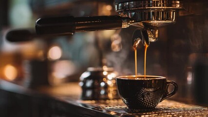 coffee machine pouring hot coffee into a cup with hot steam drifting around - Powered by Adobe