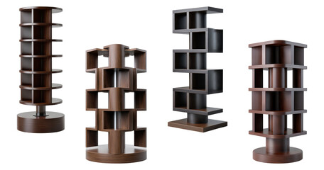 Set of four modern rotating wooden bookshelves or display units with multiple compartments