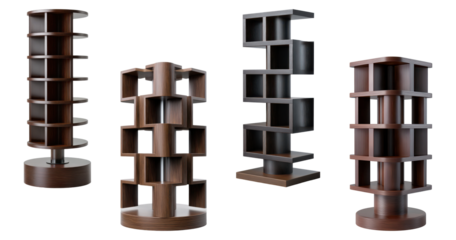 Set of four modern rotating wooden bookshelves or display units with multiple compartments