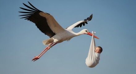 A White stork carries a newborn Hispanic baby in a cloth bundle, symbolizing the classic folklore of storks delivering babies. © AC's Inspired Images