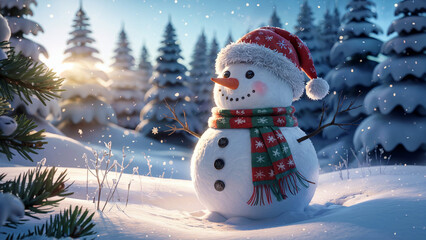 A cheerful snowman wearing a festive santa hat and scarf stands in a snowy forest during a gentle snowfall