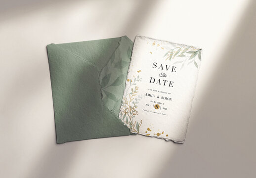 5x7in Handmade Paper Invitation with Open Torn Envelope Mockup