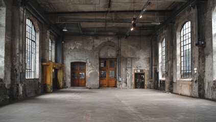 Fototapeta premium Industrial Loft Space with Large Windows and Exposed Brick Walls