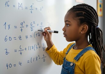 Focused young student solves math problems on a whiteboard with determination