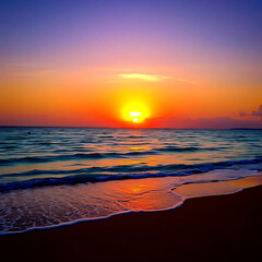 Obraz premium Vibrant Sunset Over Ocean Waves Painting with Vivid Colors and Reflections.