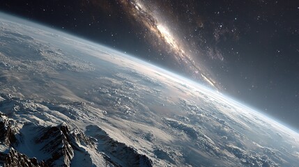 Close-up view of Earth from space with snow-capped mountains in the foreground, illuminated at the edge of the horizon, and the Milky Way stretching across the top of black outer space