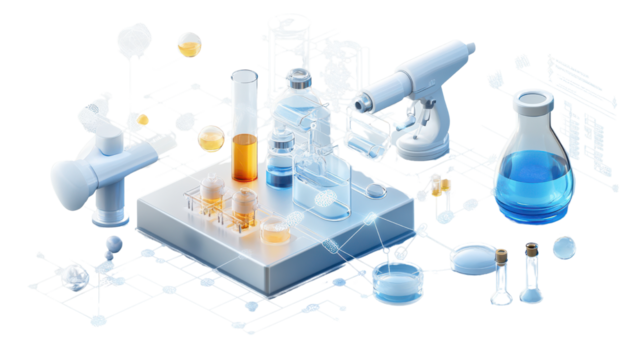 Laboratory Equipment with Test Tubes, Beakers, and Scientific Instruments on a Clean Background