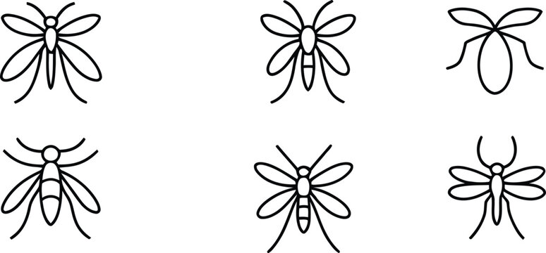 Mosquito line icon collection. Minimalist vector set of flying insects like gnats and flies for pest control and disease-related design.
