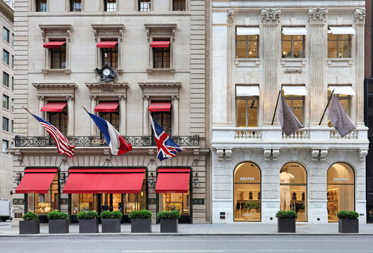 Buildings on Fifth Avenue in New York City with Cartier and the Skims store founded by Kim Kardashian