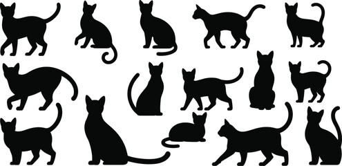 Black cat silhouette collection. Vector icon set of domestic cats in various poses like sitting, standing, and walking. Isolated feline pet graphics for design elements.
