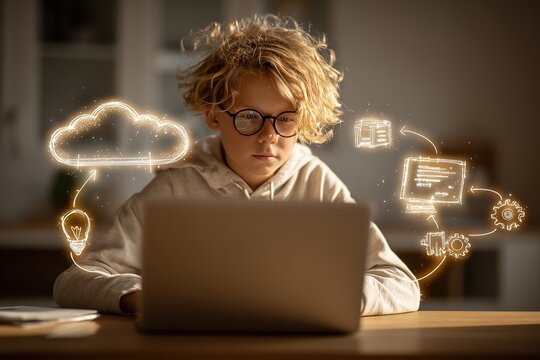 A boy in glasses intently works on a laptop in a dark room, with glowing data icons floating around him, symbolizing cloud computing and the internet, an educational technology concept