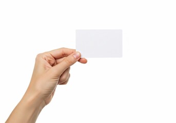 Hand holding blank white card against a clean white background, ready for text