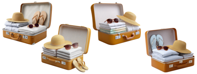 Set of four open vintage brown suitcases filled with packed travel essentials like clothes, hats, and sunglasses
