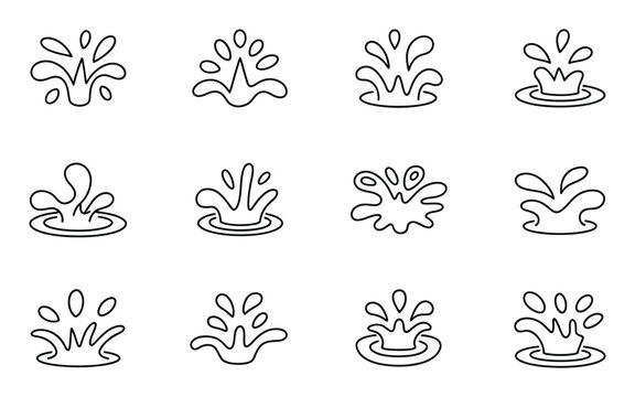 Water Splash Outline Icons Vector Illustration - Minimalist Hand-Drawn Liquid Symbols Collection for Dynamic, Fluid, and Natural Design Elements