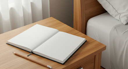 Open notebook and pencil on wooden nightstand next to bed