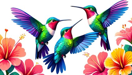 Fototapeta premium Colorful hummingbirds and other tropical birds with beaks and feathers illustrate nature's beauty among flowers, branches, and trees