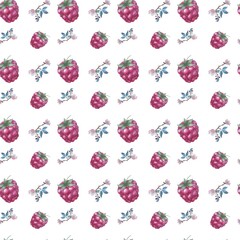 Seamless pattern with watercolor berries and blossom branch 
