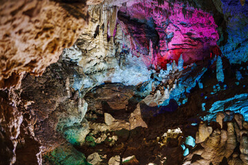 A cave with stalagmites and stalactites.