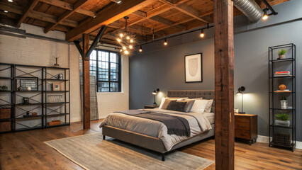 Modern loft bedroom with exposed beams and industrial accents