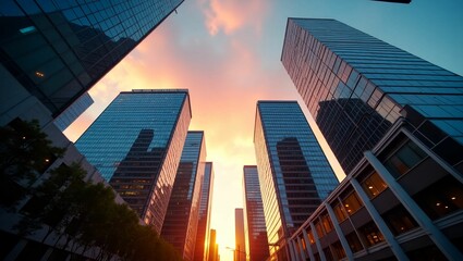 Naklejka premium City Towers Against Glowing Sky at Dusk