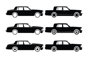 Classic Black Cars Set: A striking set of vintage black car silhouettes, perfect for design projects with a classic car theme.