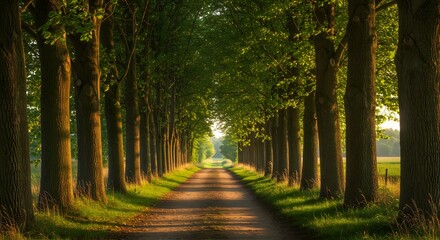 Tree-lined road in green countryside