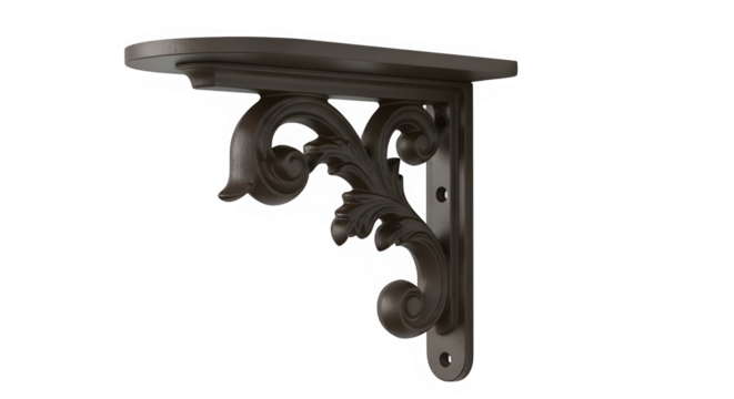 Decorative shelf bracket with intricate design in black finish  white background isolate